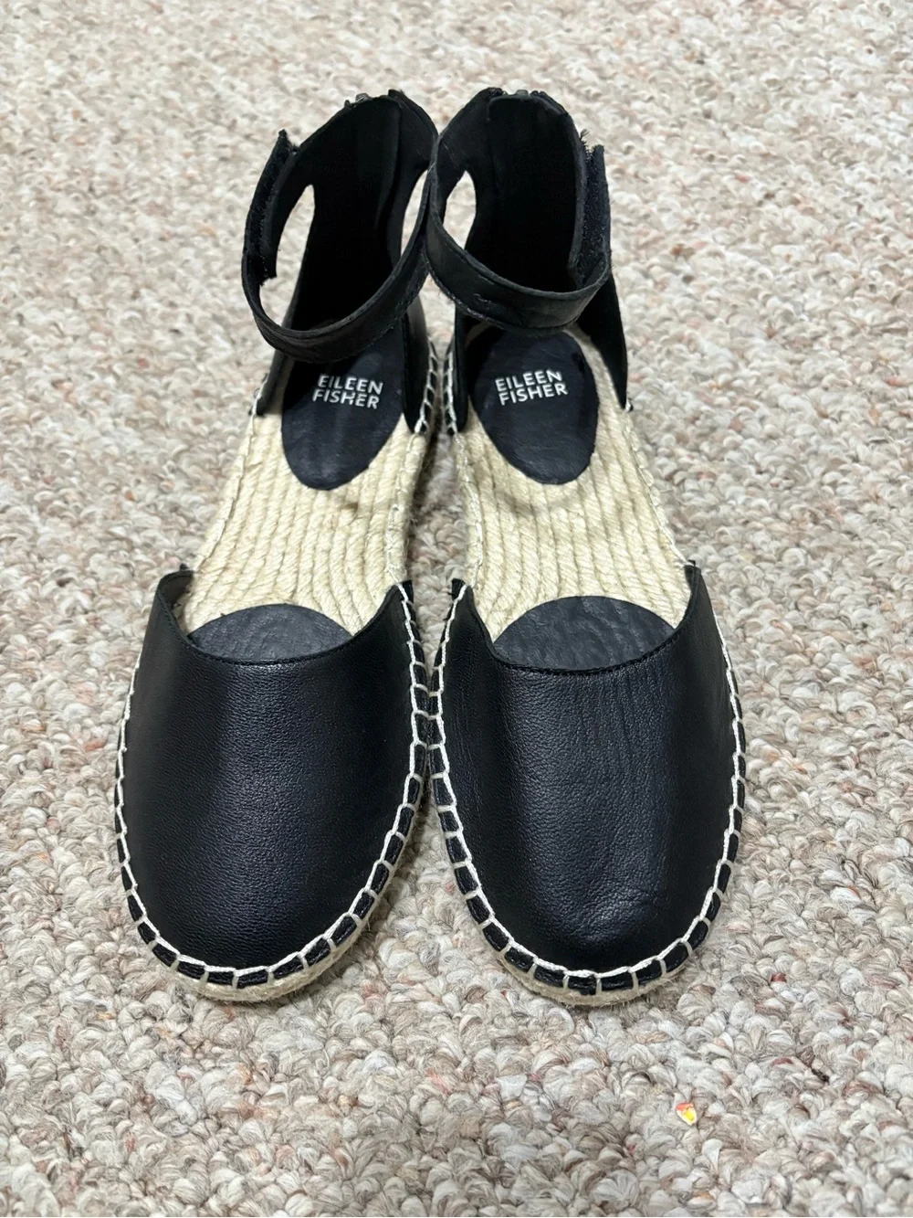 EILEEN FISHER Lala Black Tumbled Leather Ankle Strap Espadrilles Flat Size 6 NEW
